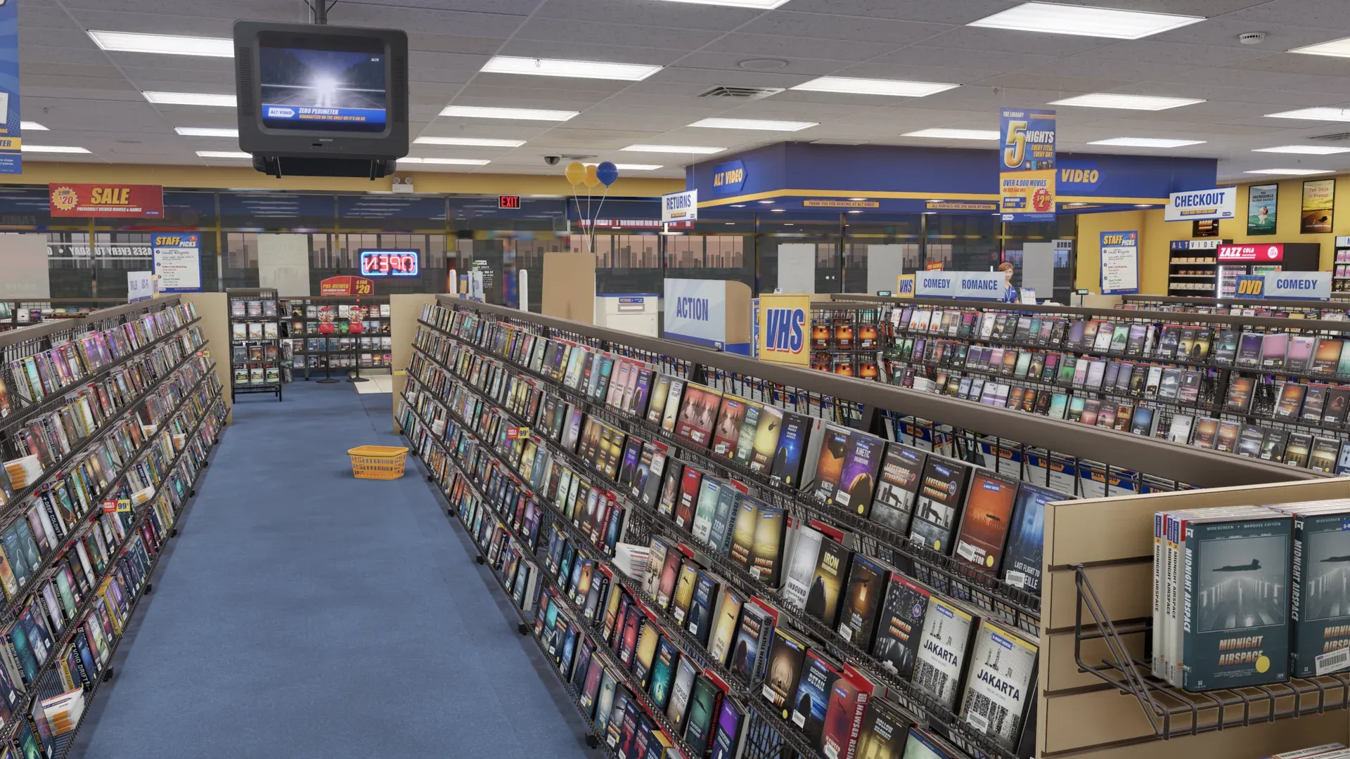 The whole Alt Video store from the back: rows of shelves, blue carpet and yellow walls