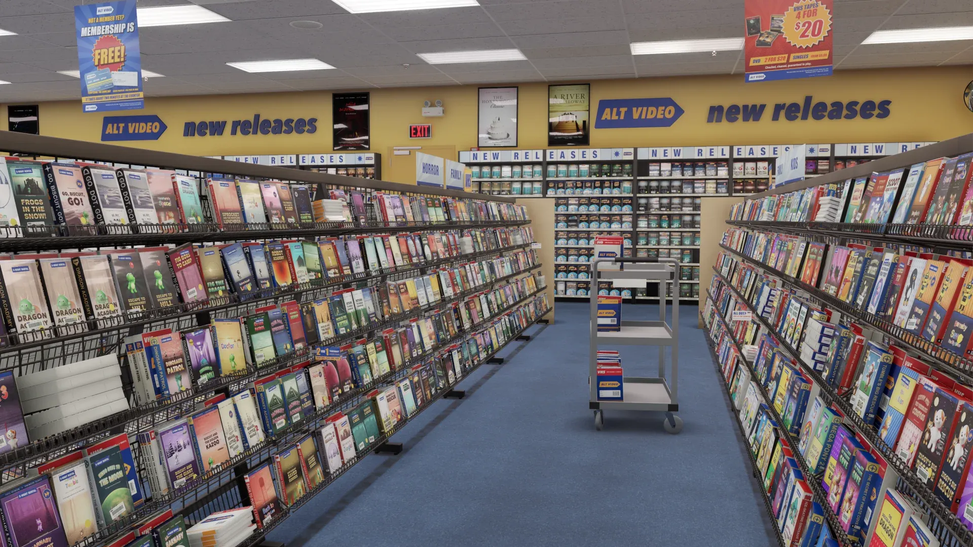 The Kids and Family aisle, with a returns cart at the end